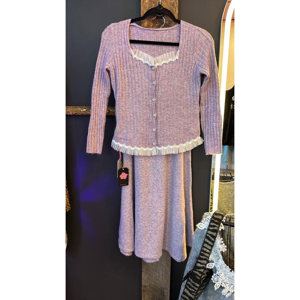 $190 2-Piece Cashmere & Wool Skirt Sweater Set Purple White Lace O/S NWT - Picture 4 of 7